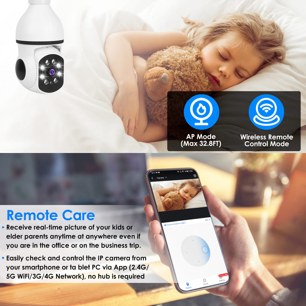 1Pc E27 WiFi Bulb Camera 1080P FHD WiFi IP Pan Tilt Security Surveillance Camera With Two-Way Audio Full Color Night Vision Flood Light Motion Tracking Siren Function APP Control